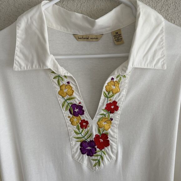 Bechamel Floral Embroidered Polo T-shirt White Top Short Sleeve Women’s Size 3X - Picture 5 of 11
